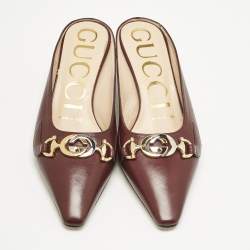 Gucci Burgundy Leather Unia Crystal Embellished Mules Size 35