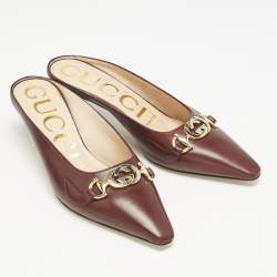 Gucci Burgundy Leather Unia Crystal Embellished Mules Size 35