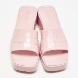 Gucci Pink Rubber Embossed Logo Block Heel Slide Sandals Size 39