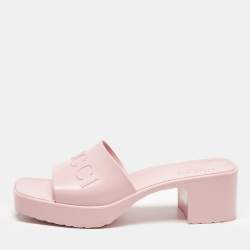 Gucci Pink Rubber Embossed Logo Block Heel Slide Sandals Size 39