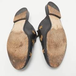 Gucci Black Leather Bee and Star Embroidered Horsebit Princetown Flat Mules Size 38