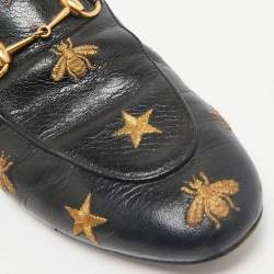 Gucci Black Leather Bee and Star Embroidered Horsebit Princetown Flat Mules Size 38