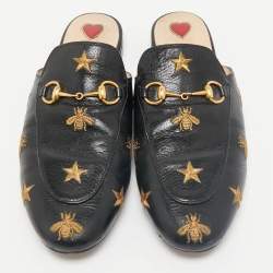 Gucci Black Leather Bee and Star Embroidered Horsebit Princetown Flat Mules Size 38