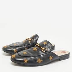 Gucci Black Leather Bee and Star Embroidered Horsebit Princetown Flat Mules Size 38