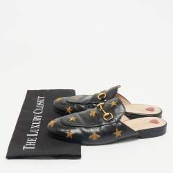Gucci Black Leather Bee and Star Embroidered Horsebit Princetown Flat Mules Size 38