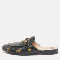 Gucci Black Leather Bee and Star Embroidered Horsebit Princetown Flat Mules Size 38