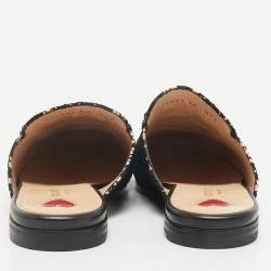 Gucci Black/Beige Lace and Leather Horsebit Princetown Flat Mules Size 38