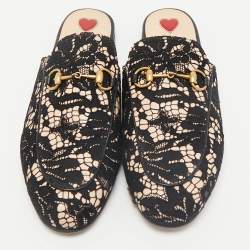 Gucci Black/Beige Lace and Leather Horsebit Princetown Flat Mules Size 38