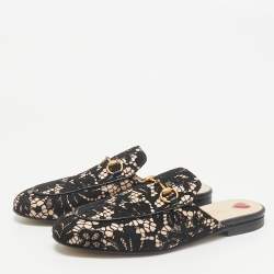 Gucci Black/Beige Lace and Leather Horsebit Princetown Flat Mules Size 38