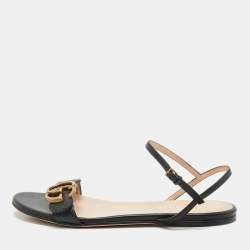 Gucci Black Leather GG Marmont Ankle Strap Flat Sandals Size 36
