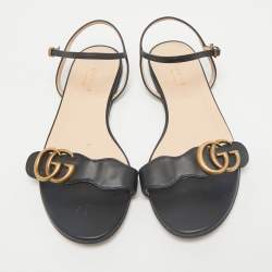 Gucci Black Leather GG Marmont Ankle Strap Flat Sandals Size 36