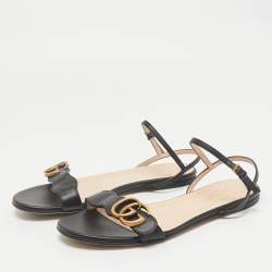 Gucci Black Leather GG Marmont Ankle Strap Flat Sandals Size 36