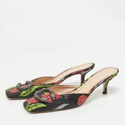 Gucci Black Floral Brocade Fabric Dionysus Square Toe Slip On Mules Size 37