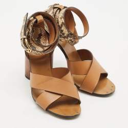 Gucci Brown Python and Leather Crisscross Ankle Strap Sandals Size 38