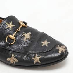 Gucci Black Leather Embroidered Bee Star Horsebit Slip On Loafers Size 38
