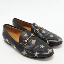 Gucci Black Leather Embroidered Bee Star Horsebit Slip On Loafers Size 38