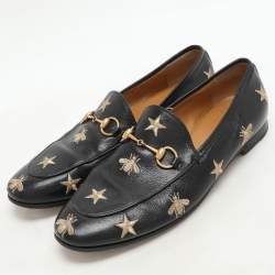 Gucci Black Leather Embroidered Bee Star Horsebit Slip On Loafers Size 38