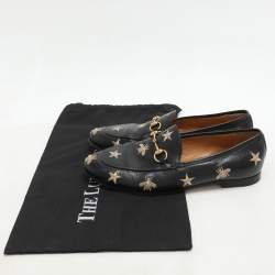 Gucci Black Leather Embroidered Bee Star Horsebit Slip On Loafers Size 38