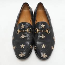 Gucci Black Leather Embroidered Bee Star Horsebit Slip On Loafers Size 38