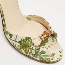 Gucci Green/Beige Printed Canvas and Leather Bamboo Horsebit Ankle Strap Sandals Size 39