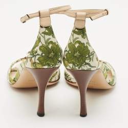 Gucci Green/Beige Printed Canvas and Leather Bamboo Horsebit Ankle Strap Sandals Size 39