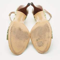 Gucci Green/Beige Printed Canvas and Leather Bamboo Horsebit Ankle Strap Sandals Size 39