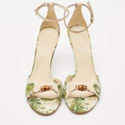Gucci Green/Beige Printed Canvas and Leather Bamboo Horsebit Ankle Strap Sandals Size 39