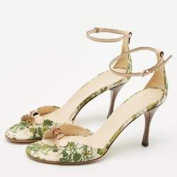 Gucci Green/Beige Printed Canvas and Leather Bamboo Horsebit Ankle Strap Sandals Size 39
