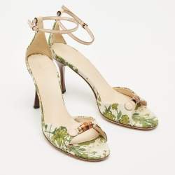 Gucci Green/Beige Printed Canvas and Leather Bamboo Horsebit Ankle Strap Sandals Size 39