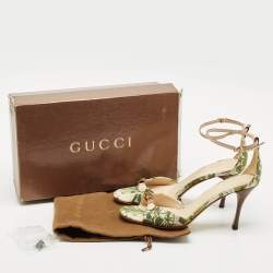 Gucci Green/Beige Printed Canvas and Leather Bamboo Horsebit Ankle Strap Sandals Size 39