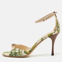 Gucci Green/Beige Printed Canvas and Leather Bamboo Horsebit Ankle Strap Sandals Size 39