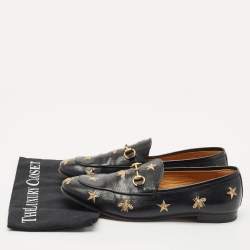 Gucci Black Leather Embroidered Star Bee Horsebit Jordaan Loafers Size 41