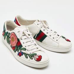 Gucci White Leather Ace Floral Embroidered Low Top Sneakers Size 40