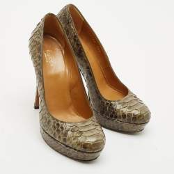 Gucci Olive Green Python Leather Platform Pumps Size 36.5