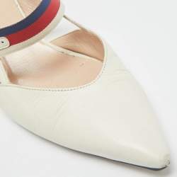 Gucci Cream Leather Sylvie Web Strap Bamboo Heel Unia Pumps Size 37.5