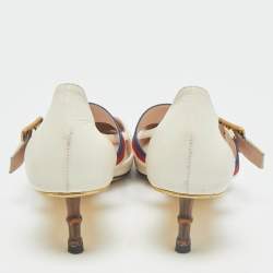 Gucci Cream Leather Sylvie Web Strap Bamboo Heel Unia Pumps Size 37.5