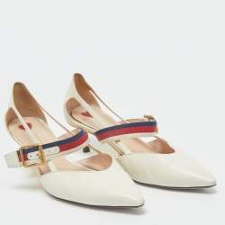 Gucci Cream Leather Sylvie Web Strap Bamboo Heel Unia Pumps Size 37.5