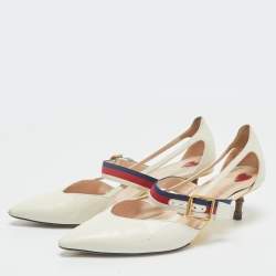 Gucci Cream Leather Sylvie Web Strap Bamboo Heel Unia Pumps Size 37.5