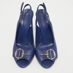 Gucci Blue Leather Horsebit Slingback Pumps Size 38