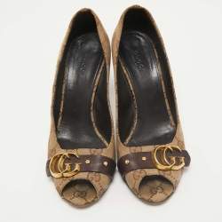 Gucci Beige/Brown GG Canvas and Leather Logo Peep Toe Pumps Size 37.5