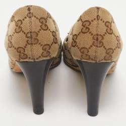 Gucci Beige/Brown GG Canvas and Leather Logo Peep Toe Pumps Size 37.5