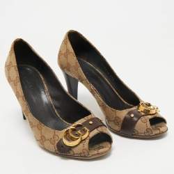Gucci Beige/Brown GG Canvas and Leather Logo Peep Toe Pumps Size 37.5