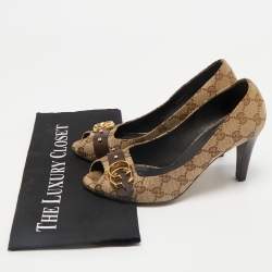 Gucci Beige/Brown GG Canvas and Leather Logo Peep Toe Pumps Size 37.5