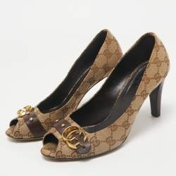 Gucci Beige/Brown GG Canvas and Leather Logo Peep Toe Pumps Size 37.5