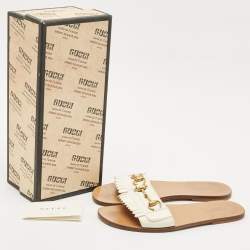 Gucci Off White Leather Horsebit Fringe Detail Flat Slides Size 39