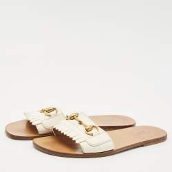 Gucci Off White Leather Horsebit Fringe Detail Flat Slides Size 39