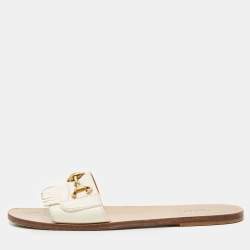 Gucci Off White Leather Horsebit Fringe Detail Flat Slides Size 39