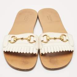 Gucci Off White Leather Horsebit Fringe Detail Flat Slides Size 39