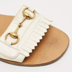 Gucci Off White Leather Horsebit Fringe Detail Flat Slides Size 39