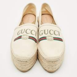 Gucci Off White Canvas Logo Platform Espadrille Flats Size 39.5